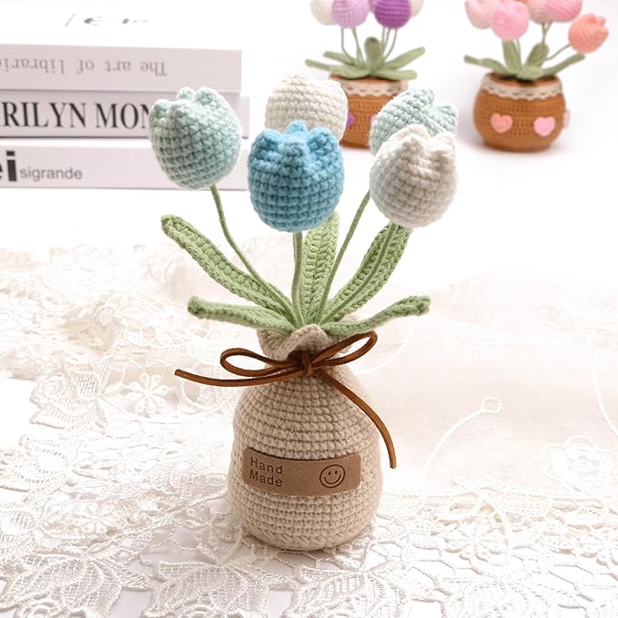 Crocheted Tulips, Hand-Woven Potted Plants, Permanent Tulips, Used for Creative DIY Table Decoration, Birthday Gift ，Graduation Ceremony, Christmas and Thanksgiving (5 Flowers-Blue)