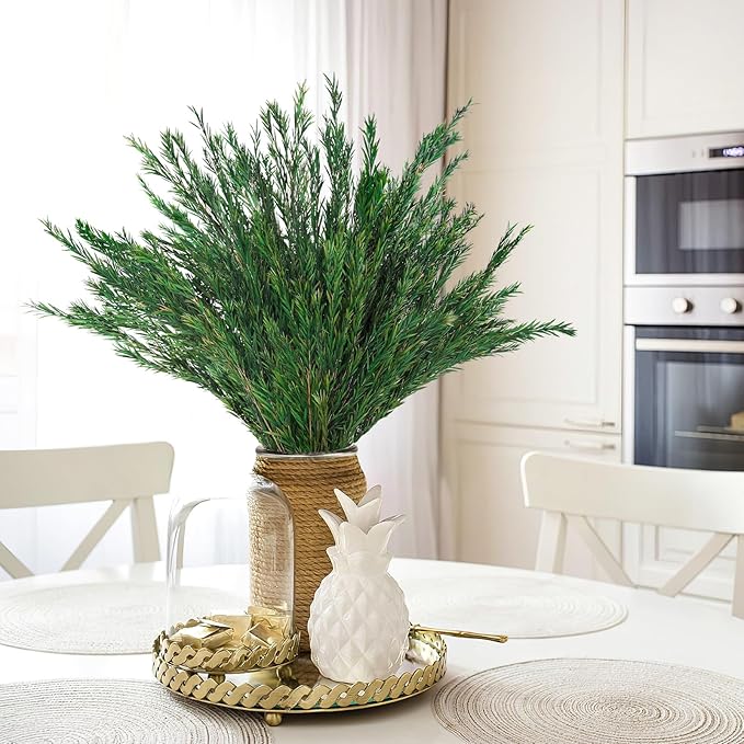Dried Greenery Stem Decor, 2 Bundles 17" Real Green Melaleuca Bracteata Branch Preserved Plant for Home Vase Floral Design DIY Arrangement Fragment Spring Decorations (Natural Green)