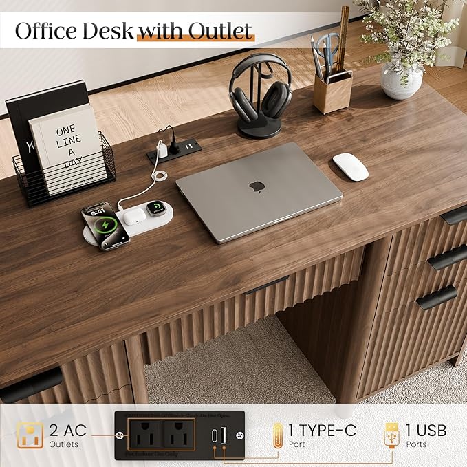 58" Fluted Home Office Desks with Storage, Modern Executive Desk Computer Desks with 5 Drawers & Cabinet, Wood Work Desk File Drawer for Office, Bedroom, Study, Living Room, Walnut