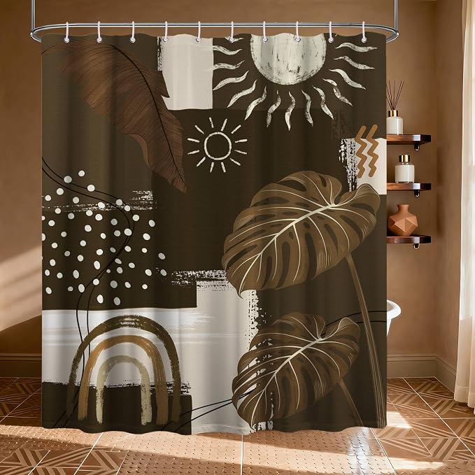 Dark Brown Mid Century Modern Shower Curtain Boho Abstract Khaki Earth Tone Shower Curtains for Bathroom Decor Sets, Waterproof Cloth Fabric with Hooks, 60 x 72 Inch