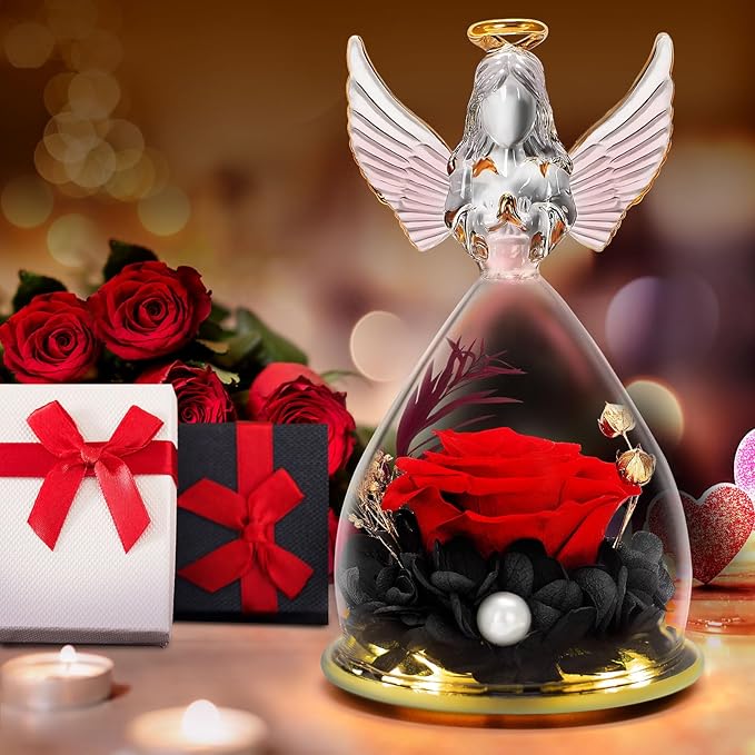 LURLIN Birthday Gifts for Women - Preserved Flowers & Glass Angel Figurines with LED Rose for Mom, Grandma, Wife, Friend, Teacher, Nurse, Anniversary Day Girls Gift
