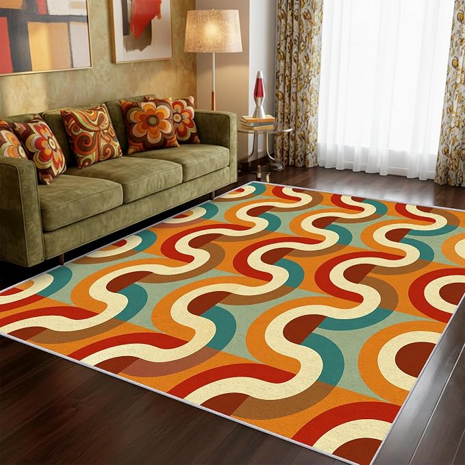 70s Retro Rug Large 7x10 Checkboard Striped Groovy Pop Pattern Area Rugs for Living Room, Bedroom, 70s Retro Home Decor Accessories Indoor Carpet, Non Slip & Machine Washable, GD0361