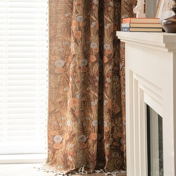 ENJOYBRIDAL Dandelion Curtains 63 Inches Long Bedroom Boho Drapes Short Semi Sheer Jacquard Rod Pocket Window Curtain Panels Vintage Living Room 2 Panels Decorative Tassel Farmhouse Window Treatments