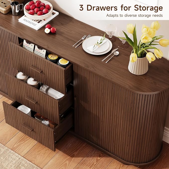 ONBRILL 63" Fluted Sideboard Buffet Cabinet with 3 Drawers & 2 Doors, Mid-Century Modern Buffet Sideboard Cabinet with Storage, Coffee Bar Table with Adjustable Shelf for Kitchen, Living Room, Walnut