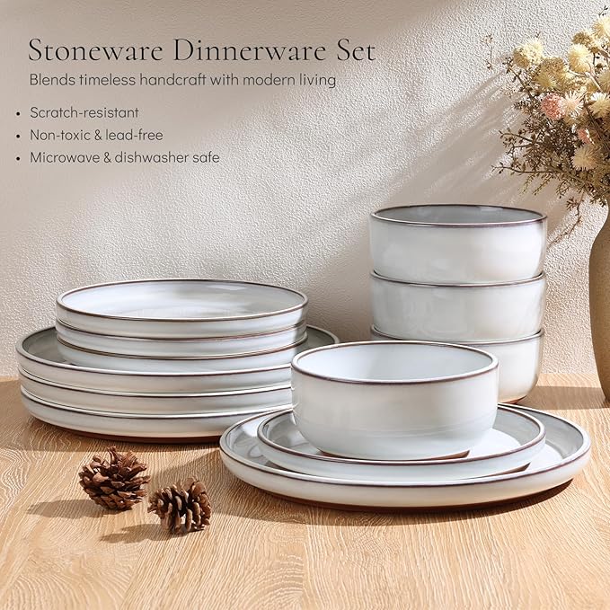 E-far Stoneware Dinnerware Sets for 8, 24 Pieces Reactive Glaze Plates and Bowls Sets, Elegant Dishes with Rustic Terracotta Clay Base, Dishwasher & Microwave Safe, Scratch Resistant, Glacier White