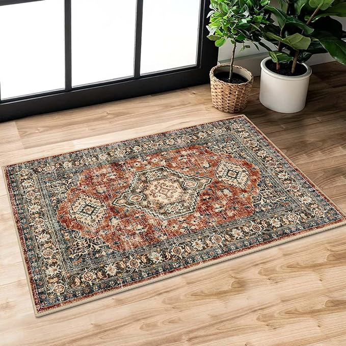 Lahome Oriental Washable Small Area Rug, 2x3 Rugs for Entryway Kitchen, Ultra-Thin Soft Indoor Door Mat Non Slip Throw Carpet for Bedroom Bathroom, Brick Red