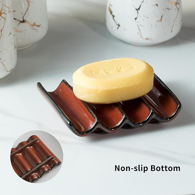 Bathroom Soap Dish for Shower, Bar Soap Holder with Self Drain, Ceramic Soap Saver Tray for Bathroom Sink, Kitchen Counter, Drain Fluted Design to Lift Soap Keep Dry, Red