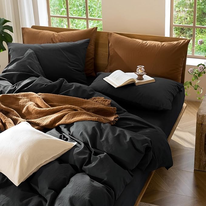 MooMee Bedding Duvet Cover Set 100% Washed Cotton Linen Like Textured Breathable Durable Soft Comfy (Solid Black, Oversized King Plus 128"x120")