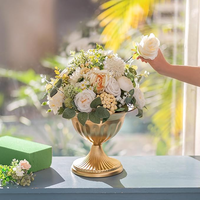 Sziqiqi Gold Vases for Wedding Centerpieces: 8.6in Big Metal Urn Vases Set of 10 Flower Arrangements for Flower Compote Vase for Wedding Decorations Table Pedestal Bowl Vase for Party