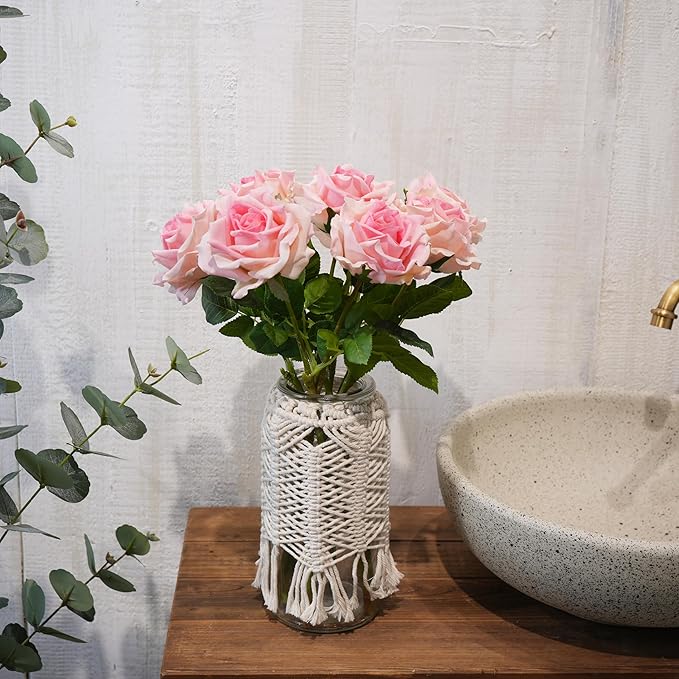 6 Pcs Silk Real Touch Latex Roses, Artificial Single Stem Big Bloom Faux Roses for Home Party Office Wedding Indoor Decor, Floral Arrangements, Table Centerpieces