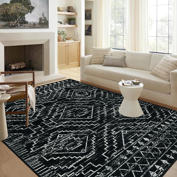 Wonnitar Moroccan 8x10 Area Rugs for Living Room, Washable Large Black Rug for Bedroom, Non-Slip Soft Thin Stain Resistant Boho Tribal Floor Carpet for Dining Guest Room Office (Black,8'x10')
