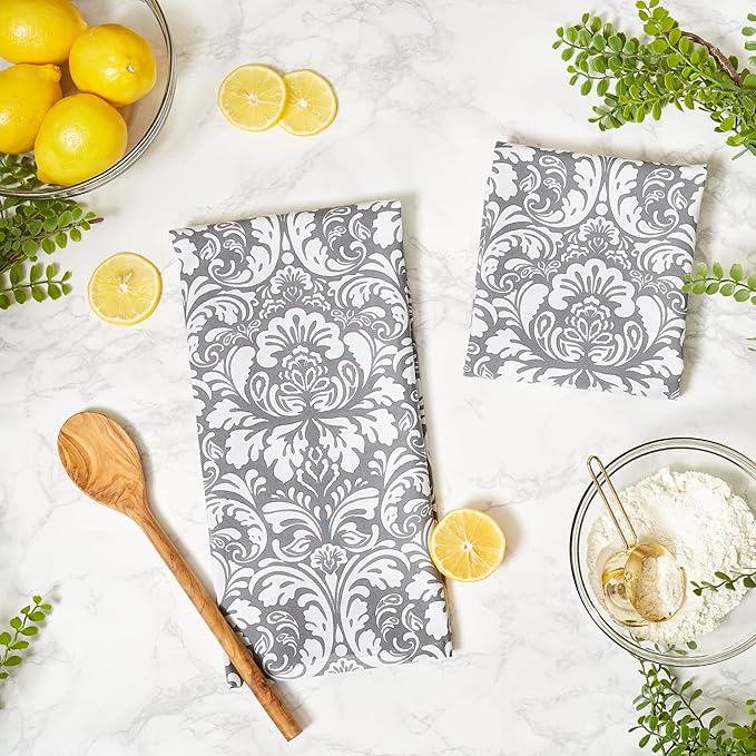 DII Cotton Dish Towel Set Damask Print, 18x28, Gray, 2 Count