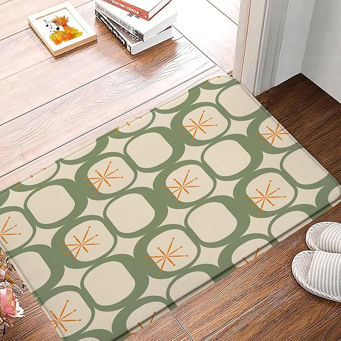 Mid Century Modern Bath Mat Abstract Atomic Geometric Retro 1950s Sage Green Bathroom Kitchen Toilet Rugs,24x60 Inch