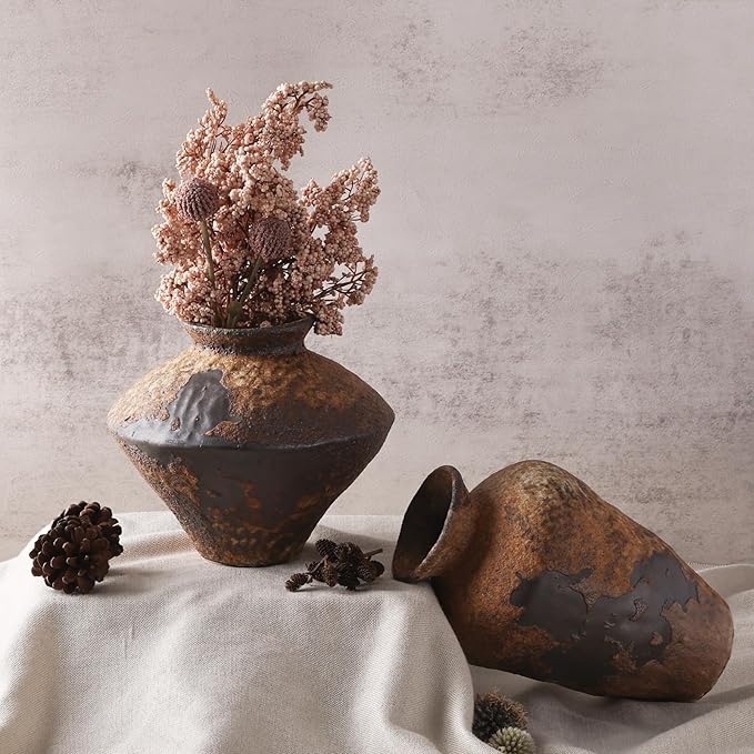 Small Stone Vase for Rustic Home Decor, Farmhouse Antique Pottery Vase Furniture&Table Flower Decorative, Round Terracotta Vases for Living Room Decor, Modern Rustic Concrete Clay Art Vases