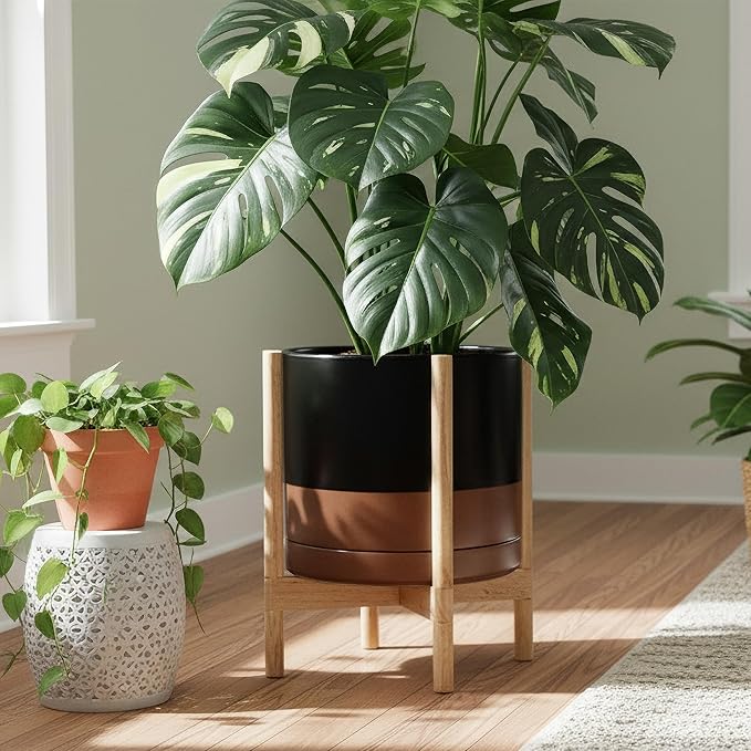 D'vine Dev Ceramic Planter with Natural Stand - 14 Inch Modern Round Flower Pot with Wood Planter Holder, Black/Speckled Tan, 55-B-R-7