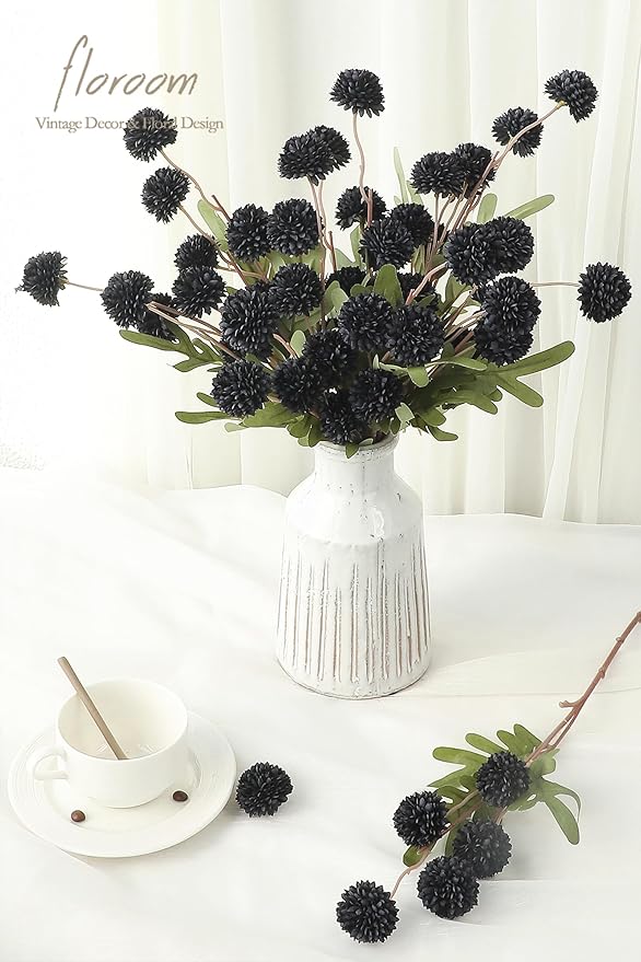 Floroom 5pcs Black Faux Silk Mums Artificial Flowers, Bulk Fake Small Mini Chrysanthemums with Stems for DIY Wedding Centerpieces Floral Arrangements Vase Fillers Home Decorations