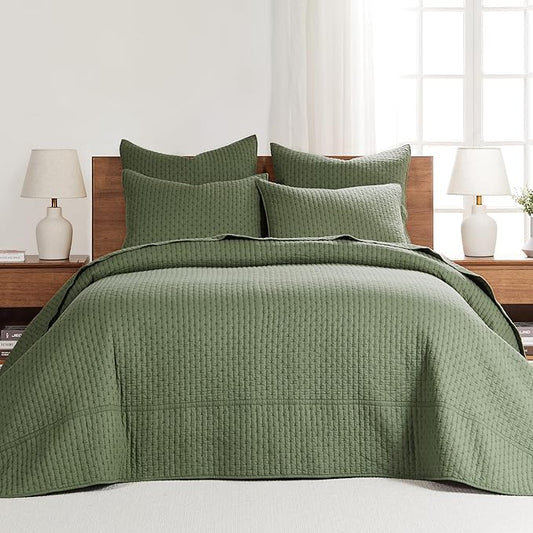 Levtex Home Cross Stitch Reversible King Bedspread Set (120x104in) with 2 Pillow Shams (36x20in) - Stitch Texture - Forest Green - Cotton King Size Bedspread Set - Soft, Pre-Washed