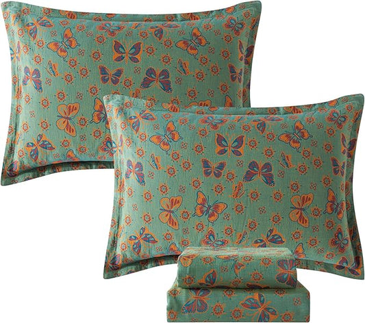FADFAY Butterfly Sheets Set King Vintage Green Red Floral Bedding Shabby Farmhouse Bedding Super Soft Washed Double -Layer Muslin Sheets 100% Cotton Deep Pocket Fitted Sheet 4Pcs, King Size