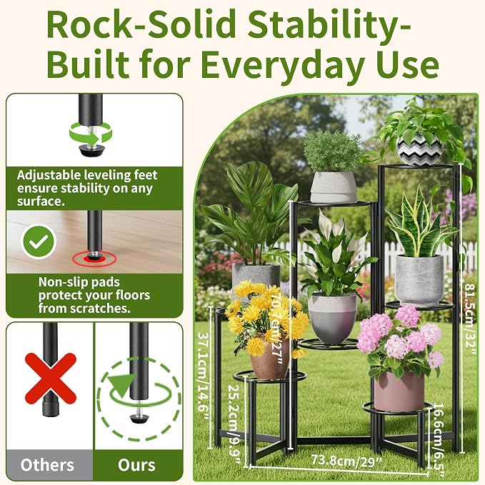 7 Tier Metal Patio Plant Stand Outdoor, Heavy Duty Flower Stands for Indoor Plants, Floding Tall Corner Shelf for Diaplay Racks for Home Decor, Graden, Balcony -BlackDiamond
