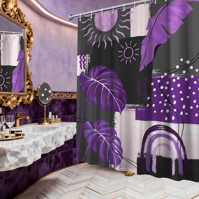 Extra Long Shower Curtain 96 Inchs Extra Tall Purple and Gray Mid Century Modern XL Abstract Shower Curtains for Large Bathroom Decor Sets, Waterproof Cloth Fabric with Hooks, 70 x 96 Inch