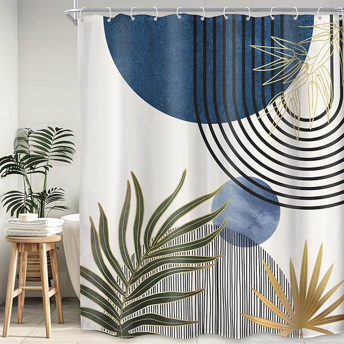 KOMLLEX Mid Century Blue Green Boho Shower Curtain for Bathroom Decor 72Wx84H Inches Extra Long Abstract Modern Plant Botanical Minimalist Arch Fabric Waterproof Polyester 12 Pack Hooks Pack Hooks
