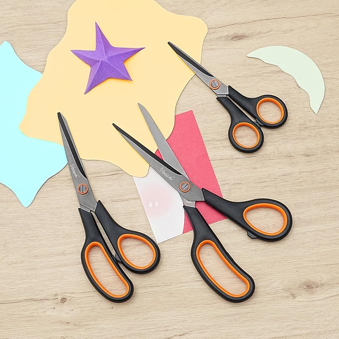 Scissors, 3-Pack Titanium Coated Non-Stick Scissors (8.5’’, 7.5’’, 5.5’’), Comfort Grip, All-Purpose Cutting Tools for Office, Craft, Sewing