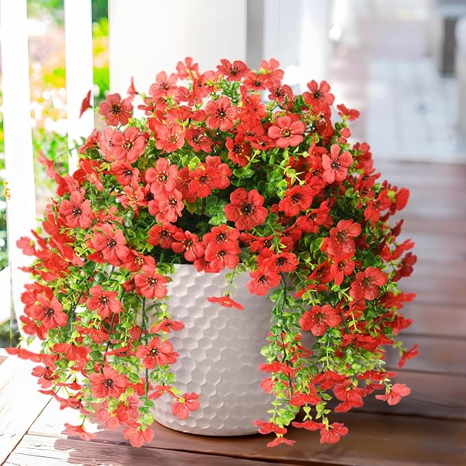 Homsunny Artificial Fake Hanging Flowers Plants for Outdoor Spring Decorations, 2PCS Faux Daisy Silk Flower Outside No Fade UV Resistant Realistic Home Decor for Porch Patio Window Box (ChujuDH-Red