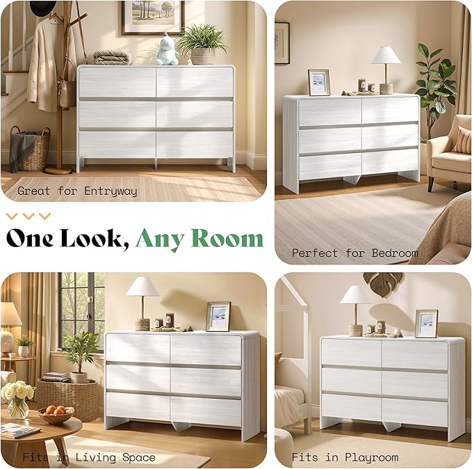 AMERLIFE 6 Drawer Dresser for Bedroom, 49" Wide Modern Chest of Storage Drawers with Rounded Corners, Anti-Tip Kit, Wood Cabinet Organizer for Closet, Living Room, Nursery, Easy Assembly, White