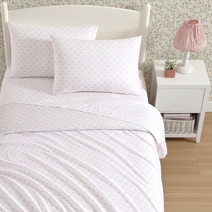 Laura Ashley Kids - Twin Sheet Set, Soft & Wrinkle-Resistant Toddler Bedding Set, Deep Pockets, Girl Bed Sheets with Matching Fitted Sheet & Pillowcase (Lovely Bows Pink)