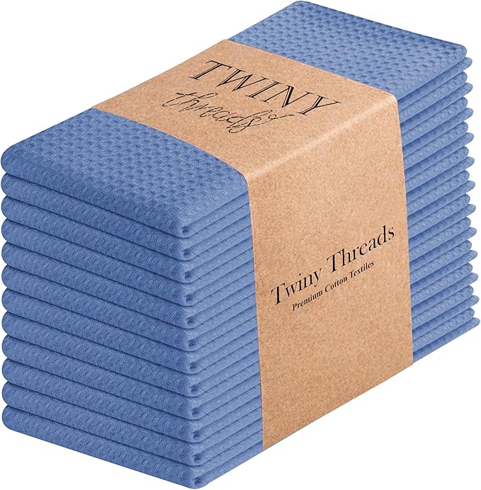 TWINY threads Set of 12 100% Cotton Solid Kitchen Towels with Hanging Loop (16 X 26 inches) | Ultra Absorbent Dobby Waffle Weave Washcloth | Reusable, Machine Washable Hand Towels - Sky Blue