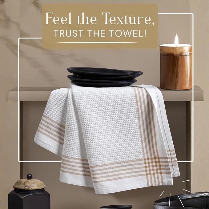Waffle White & Beige Kitchen Dish Towels 4 Pack, 100% Cotton, 16x26 inches, Durable Dish Cloths Set, Quick Dry Kitchen Rags, Everyday Use Cooking and Cleaning Hand Towels, Bar Towel