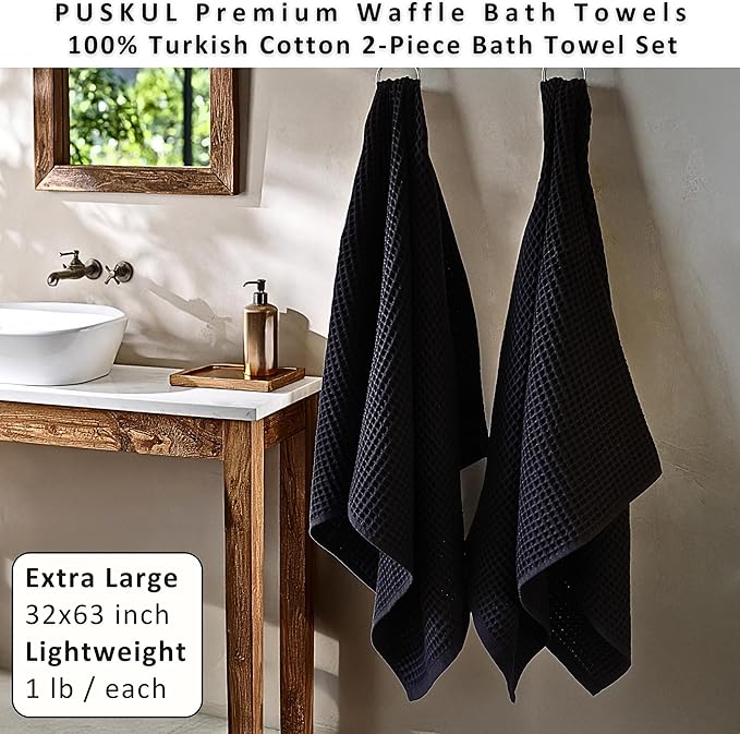 PÜSKÜL Natural 100% Turkish Cotton Black Waffle Bath Towels Set of 2-Piece | 32x63 Extra Large Absorbent Quick-Dry Lightweight Spa Towel | Decorative Bathroom Towel (Black Bath Towels - Pack of 2)