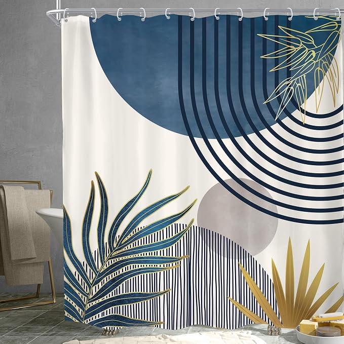 KOMLLEX Mid Century Boho Shower Curtain for Bathroom Decor 72Wx78H Inches Navy Blue Gray Abstract Modern Minimalist Arch Leaves Geometric Neutral Fabric Waterproof Polyester 12 Pack Hooks Pack Hooks