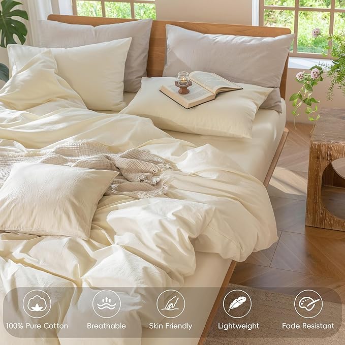 MooMee Bedding Duvet Cover Set 100% Washed Cotton Linen Like Textured Breathable Durable Soft Comfy (Solid Cream White, Queen 90"x90")