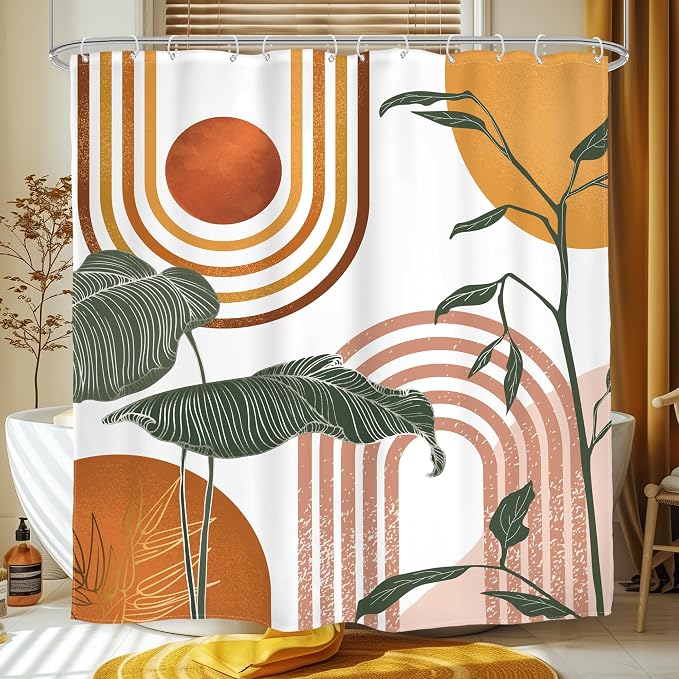 Glawry Orange Pink Boho Mid Century Shower Curtain Abstract Retro Tropical Palm Leaf Plant Sun Arch Minimalist Bathroom Geometric 72Wx72L Inches Bath Accessories Art Home Decor Fabric 12 Hooks