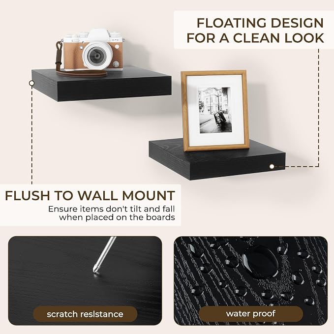 RICHFOCUS 8 Inch Floating Shelves for Wall Small Square Shelves Set for Bedroom|Kitchen|Bathroom|Laundry Room Rustic Wood Wall Mounted Shelf with Invisible Brackets for Books|Storage|Decor, Black