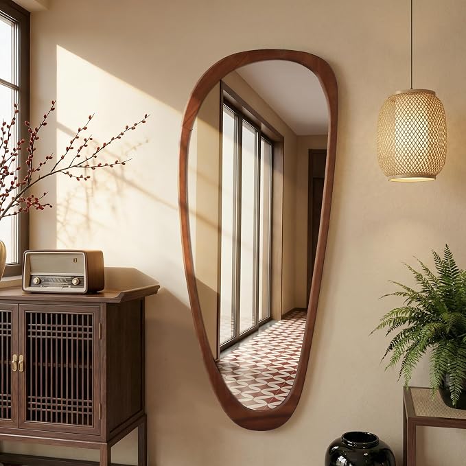 60''x22'' Asymmetrical Mirror with Wood Frame, Small Irregular Wavy Wall Mirror, Odd Shaped Mid Century Modern Mirror Decor for Bedroom Living Room Entryway Hall