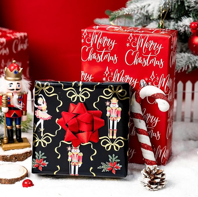MAYPLUSS Christmas Nutcracker Wrapping Paper - 17 Inch X 33 Feet - Metallic Christmas Gift Wrapping Paper Flower Cute Bow Ballet Reversible Red for Holiday Party New Year Kids