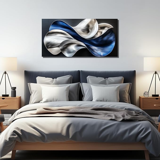 Blue Silver Abstract Picture Wall Art Modern 3D Textured Canvas Decor for Living Room Bedroom Office Flow Artwork 24" x 48"