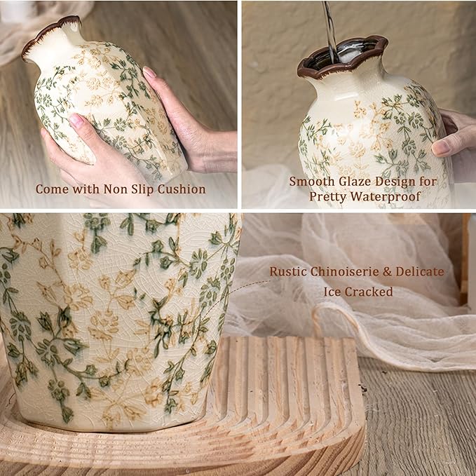 Green Vinatge Vase, Gorgeous Pastoral Octagonal Ceramic Flower Vase, Rustic Farmhouse Ice Cracked Large Chinoiserie Floral Vases for Home Decors, Cottage, Coffee Table, Bookshelf, 9.1 Inch