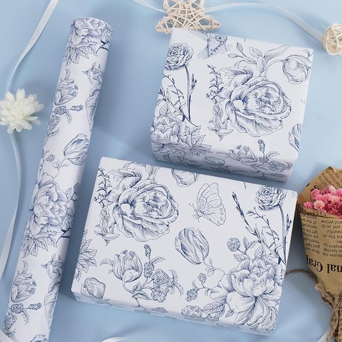 RayofSun Blue Floral Wrapping Paper Roll 17 in x 16.5 ft Mini Roll Vintage Toile Flower Gift Wrap Paper for All Occasion Wedding Birthday Bridal Shower Party Baby Shower Christmas