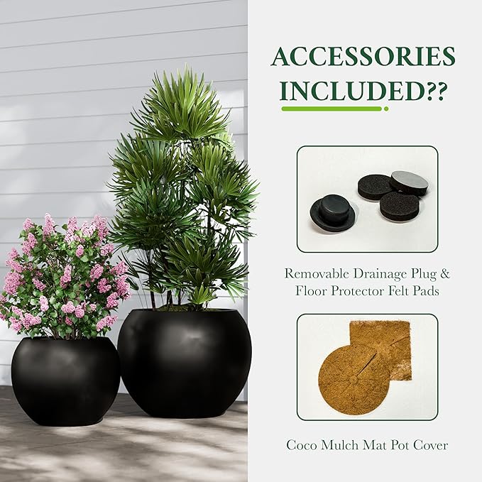 DTY Signature Mount Sherman Modern Indoor Outdoor Fiberstone Sphere Planter, Durable Round Garden Pot, Weather Resistant, Drainage Hole & Rubber Plug, Planter for Christmas Tree - Small, Black