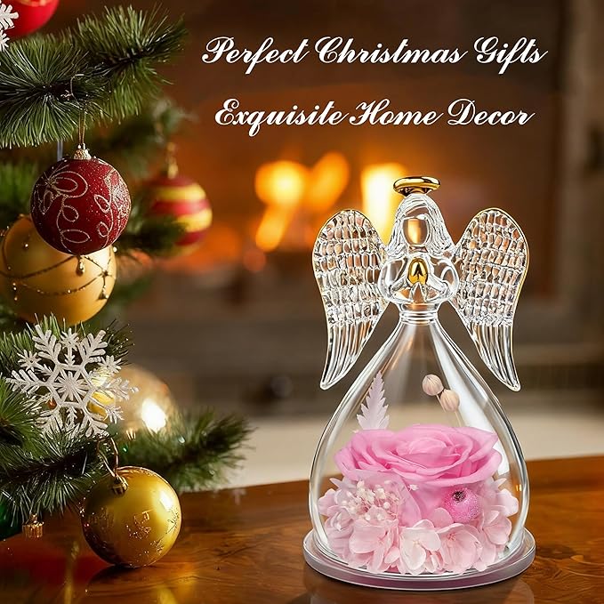 Sunia Preserved Flower Rose Gift for Women - Mother's Day Birthday Gifts for Mom Wife Grandma, Glass Angel Figurines Forever Real Roses Gifts for Her Valentine Day Thanksgiving﻿ (Pink)