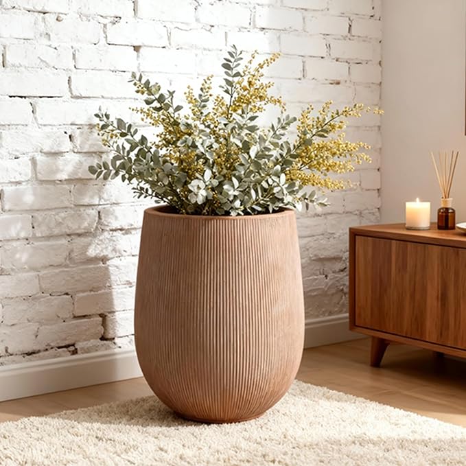 18.7" H Round Planter — Lightweight Magnesium Oxide Cement, Striped Textured Finish, Large Planter with Drainage Hole for Indoor & Outdoor