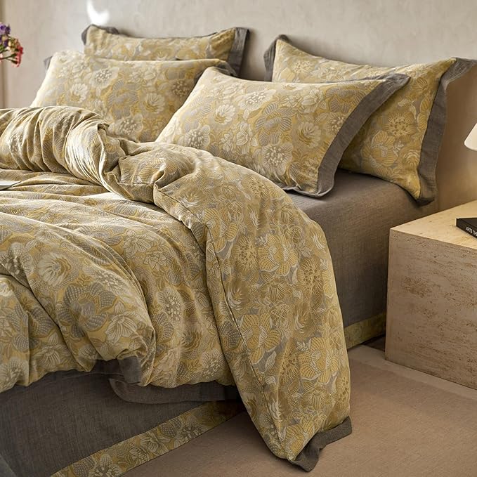 mixinni Duvet Cover Queen, Premium Cotton Double-Layer Yarn Golden Floral Jacquard Reversible Grey Comforter Cover with Edge Design, Farmhouse Bedding Set with 2 Pillowcases Perfect for Him and Her