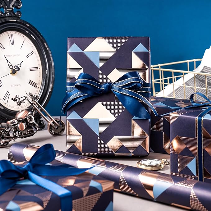 WRAPAHOLIC Birthday Wrapping Paper for Men - Mini Roll - 17 Inch x 16.5 Feet - Foil Modern Navy Blue Geometric Wrapping Paper Perfect for Husband, Boyfriend Birthday, Wedding, Bridal Shower