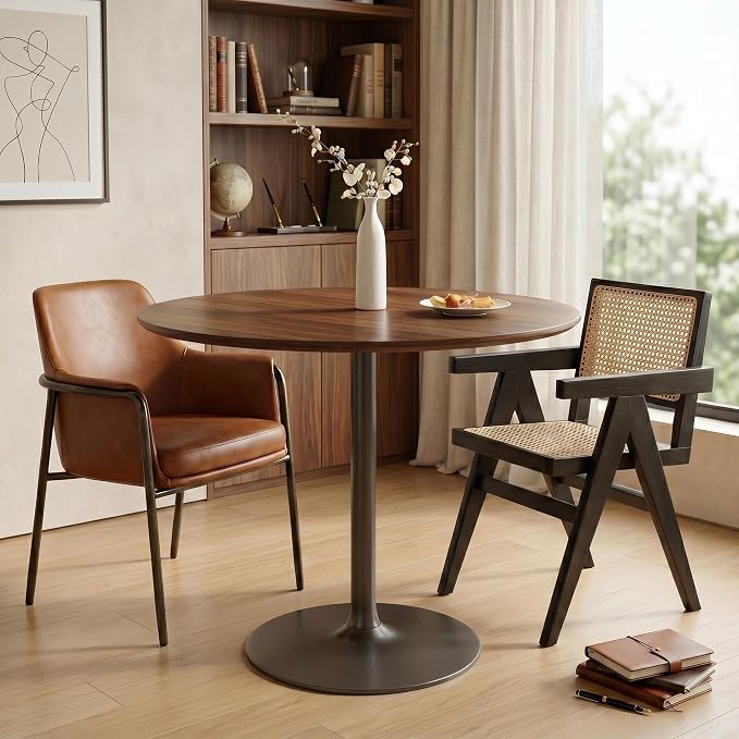 Walnut Round Dining Table, 31.5" Modern Kitchen Table with Pedestal Metal Base, Mid Century Tulip Table for Small Spaces, Apartment, Living Room, Coffee & Breakfast Nook Table, Black Base