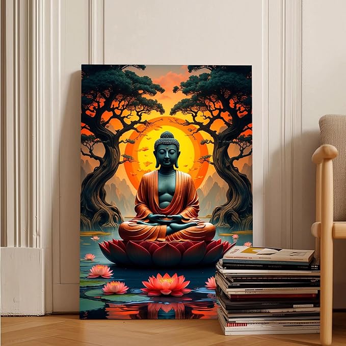Canvas wall art Golden Buddha on lotus at sunset Ancient trees with reflections on water Serene meditation scene Uplifting wall art for mindfulness and tranquil home decor 28x40in Wood Framed