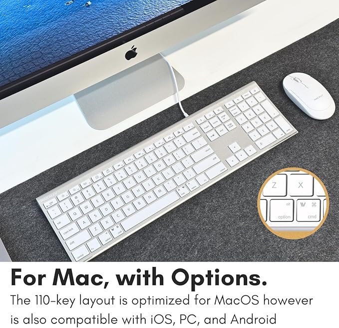 Macally Wired Keyboard for Mac (Upgraded Dual USB A + C Plug) - USB C Keyboard - Ultra Slim, 20 Shortcuts, 110 Scissor Keys - Compatible with Apple MacBook Pro/Air, Mac mini, iMac, iPad - Silver