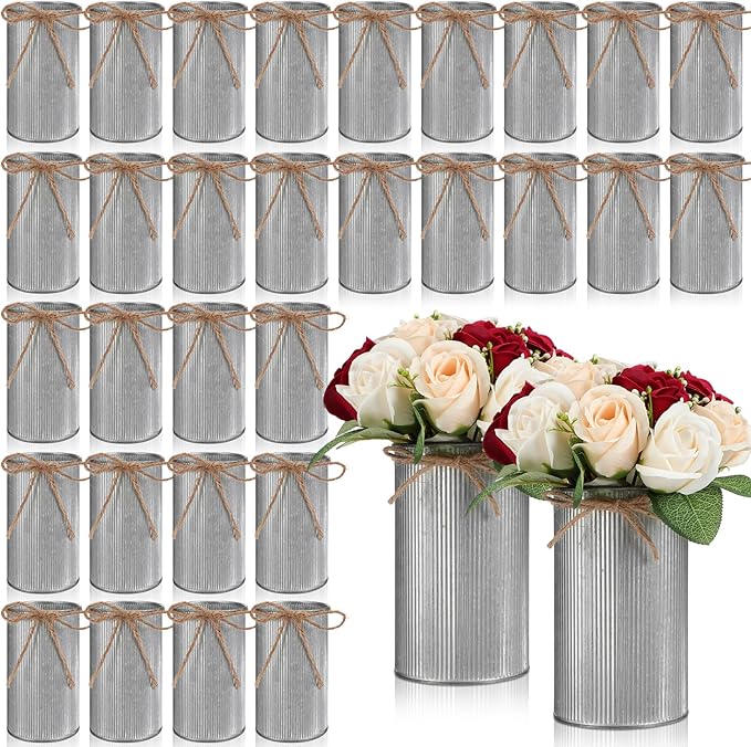 Domensi 5.91 in High Farmhouse Vase Decor Galvanized Metal Flower Vase with Twine Bow Vintage Rustic Tin Flower Buckets for Artificial Floral Table Container DIY(Iron Color,32 Pcs)